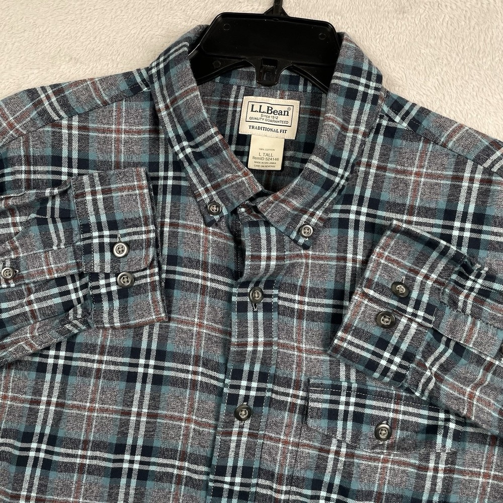 Ll Bean Brushed Jaspe Twill Shirt Mens Large Tall LT Gray Blue Plaid Button Down